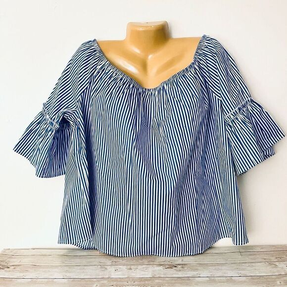 NWT Gorgeous Ambiance 3X White Blue Stripes 3/4 Bell Sleeve Cotton Blouse Top - Picture 1 of 12